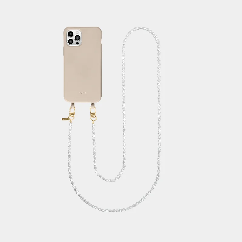 Beige Phone Case + Pearl Crossbody Chain