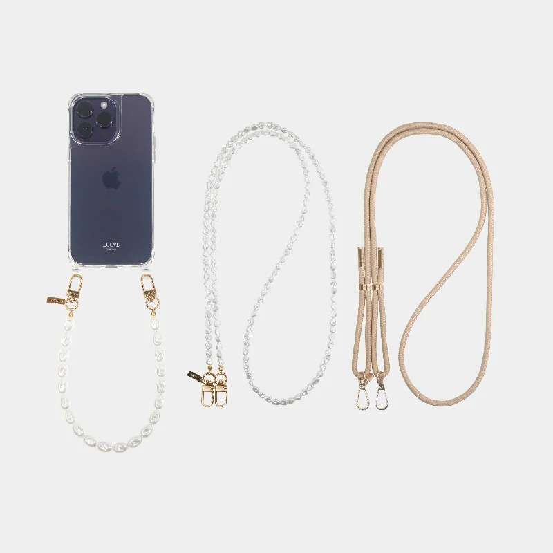 Clear Phone Case + Pearl Wristlet & Crossbody Chain + Beige Strap