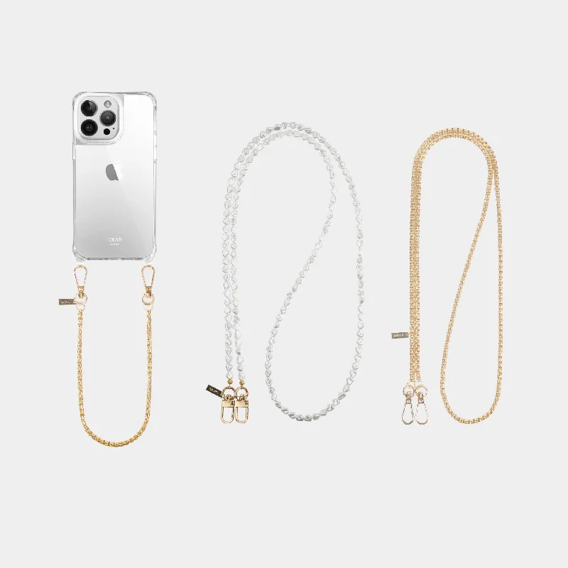 Clear Phone Case + Gold-Plated Wristlet & Crossbody Chain + Pearl Chain