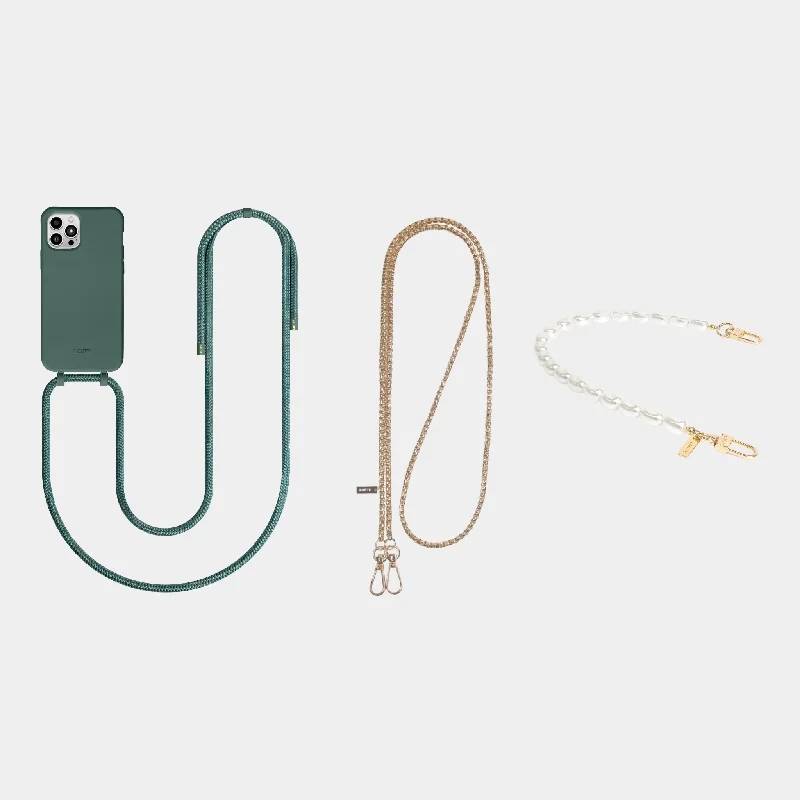 Green Phone Case + Pearl Wristlet + Gold-Plated Crossbody Chain + Green Strap