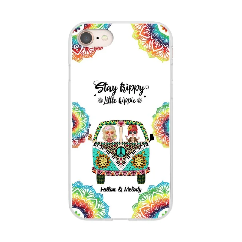 Up To 2 Chibi Stay Trippy Little Hippie - Personalized Phone Case For Her, Friends, Sisters, Hippie